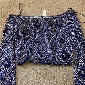 Blue and White Cropped and Off the Shoulder Shirt